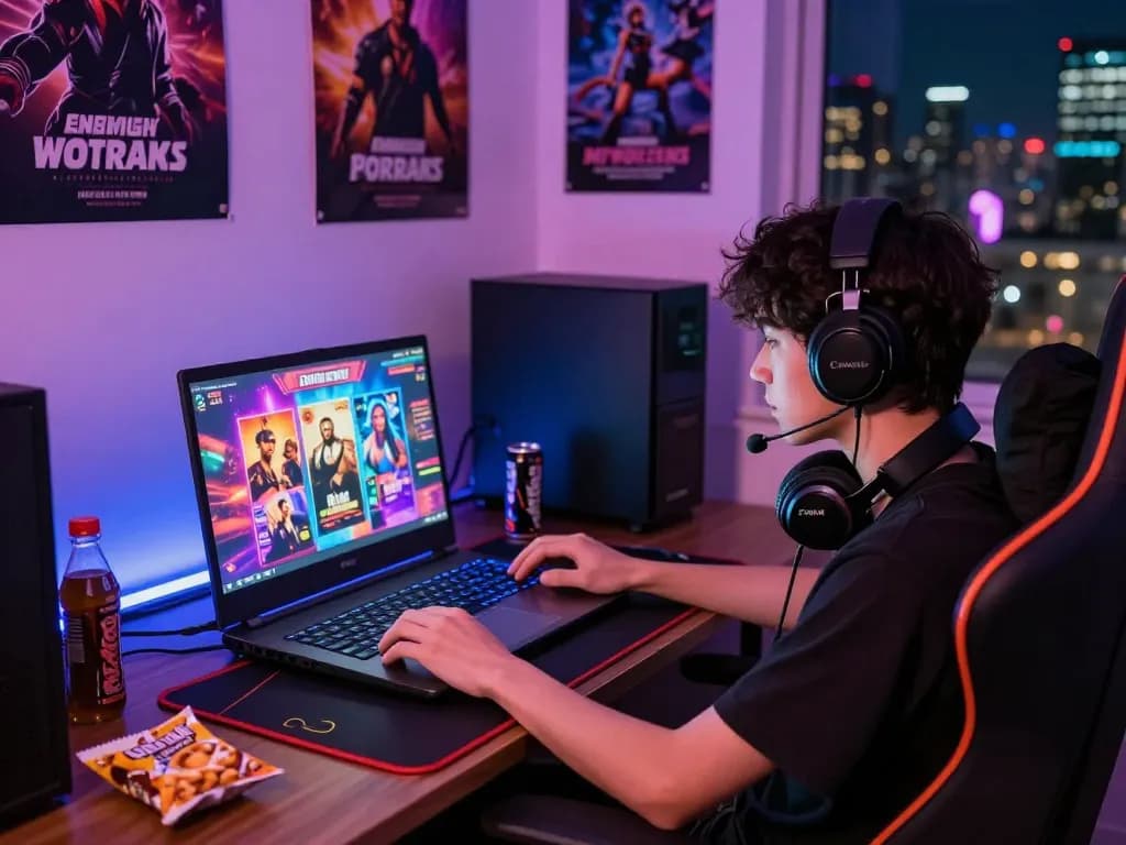 Gamer enjoying free porn games on a laptop with vibrant graphics and colorful room atmosphere.