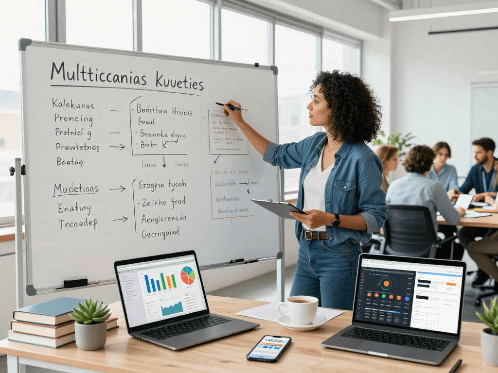 Estratégias multicanais de marketing digital em um ambiente de escritório moderno, mostrando uma equipe colaborativa.