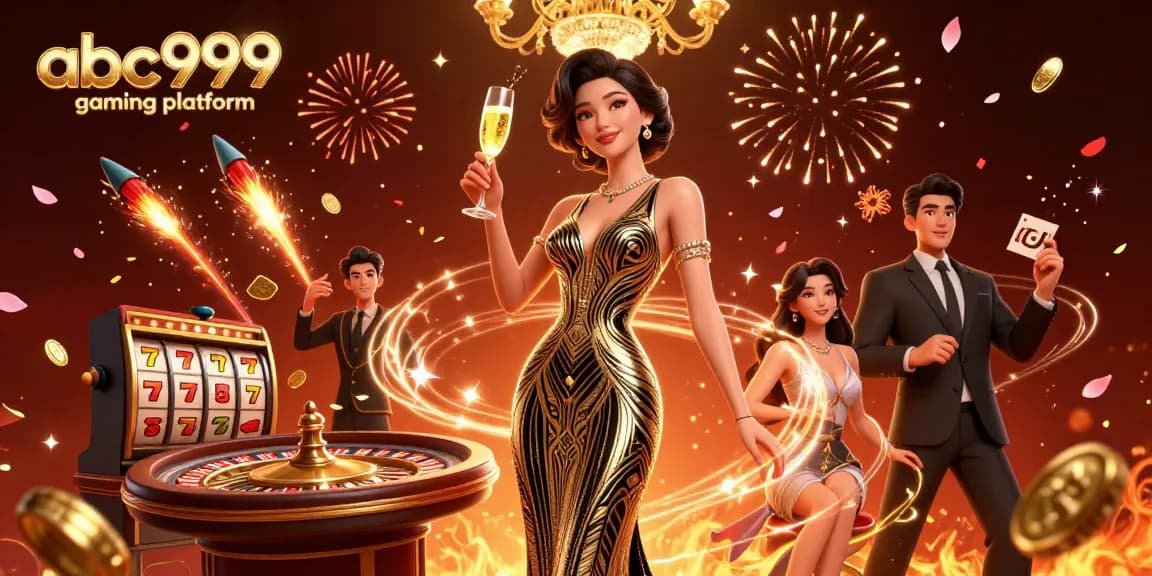 The abc999 gaming platform showcases a glamorous casino scene with a stylish Asian woman, roulette table, and festive elements.