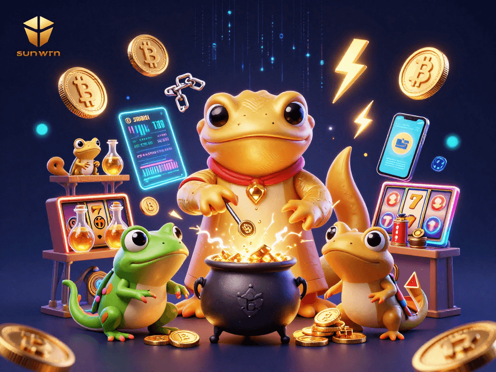 Join the enchanting sunwin casino experience with a golden salamander alchemist and crypto elements.