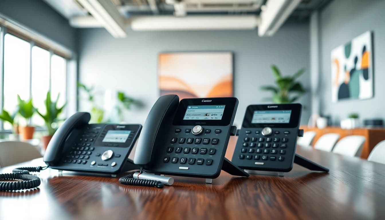 Showcase of office phone systems in a contemporary office, emphasizing style and functionality.