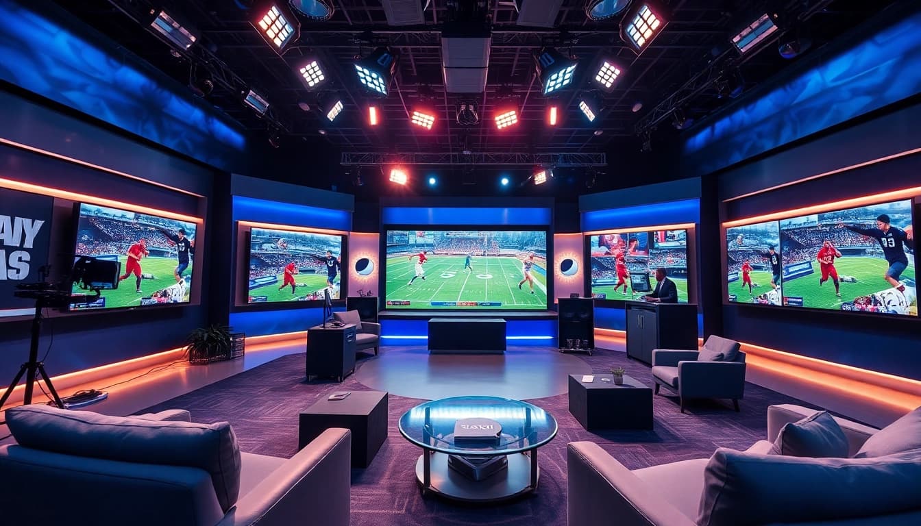 Dynamic sports broadcasting setup showcasing modern equipment and a vibrant atmosphere.