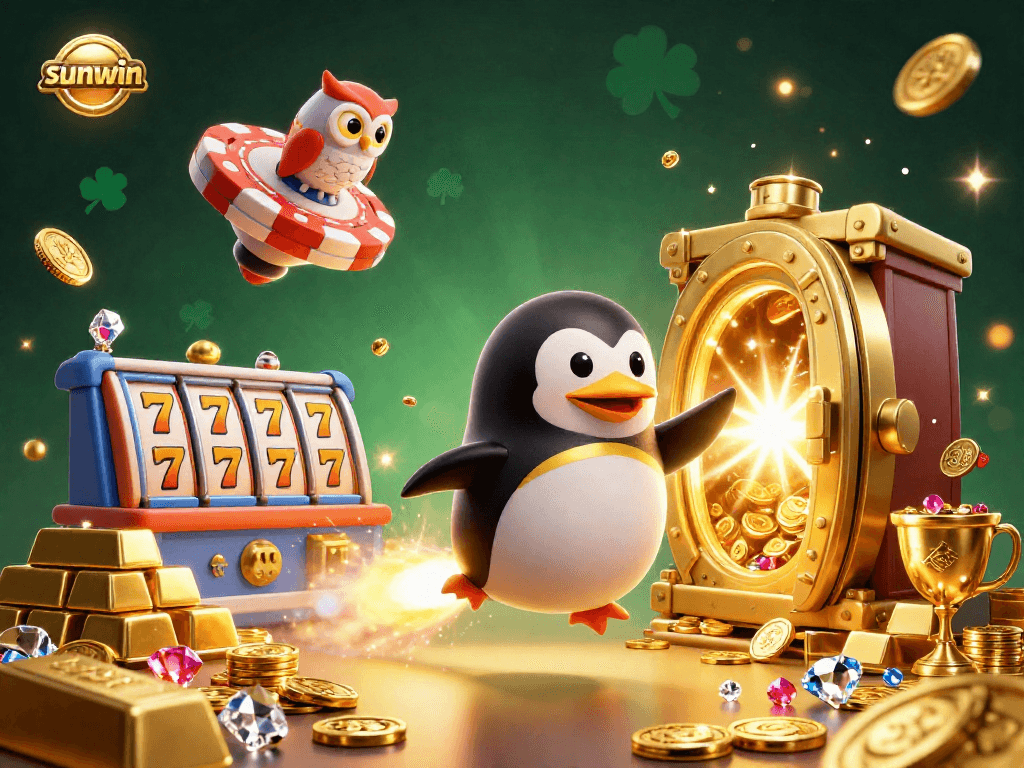 Spin to win with sunwin in a vibrant casino-themed scene featuring a golden penguin and slot reels.