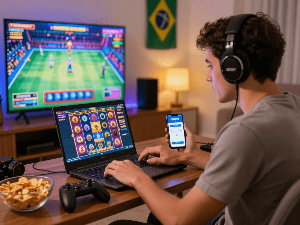 Jogador da SPBET jogando em casa, excitante ambiente de jogos online com slots coloridos.
