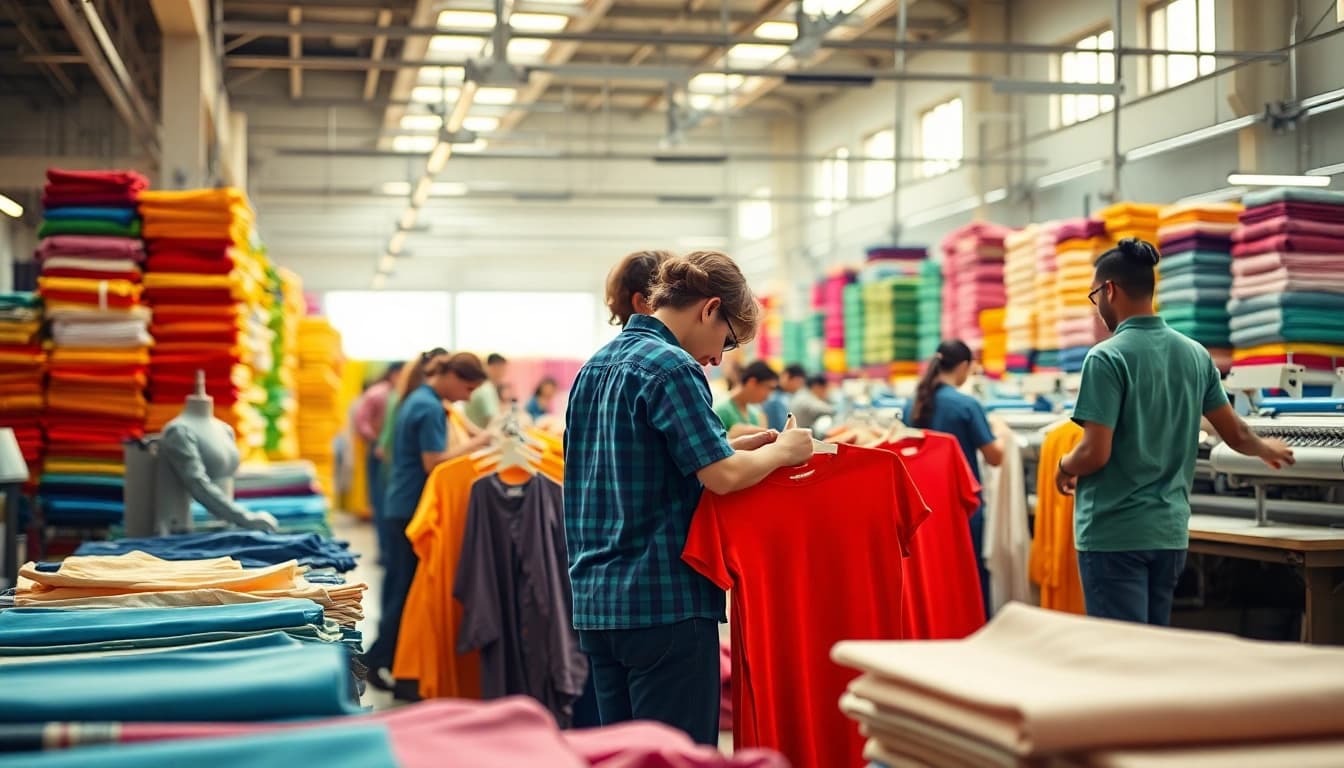 Clothing Suppliers China producing colorful garments in a vibrant textile factory.