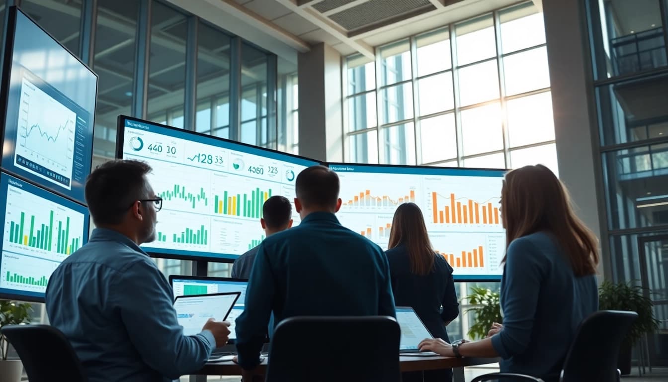 Team collaborating over inventory planning software data in a modern office.