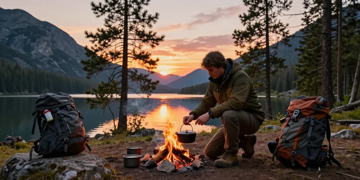 Experience rokok88 super adventure gear at sunset camping scene with outdoor gear, cast iron cookware, and breathtaking landscape.