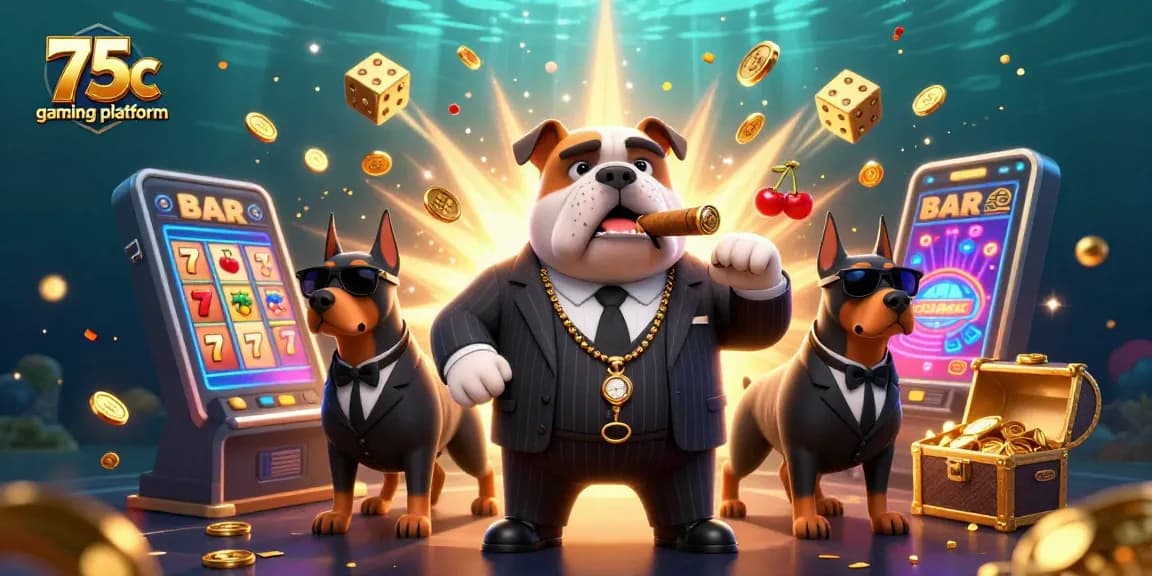 Experience the excitement of the 75c gaming platform with a lively scene of casino characters and elements.