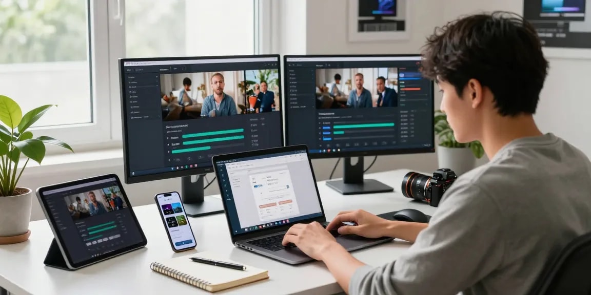 Aplicativo para baixar vídeo em uso em um escritório moderno, com tela mostrando downloads de vídeo.