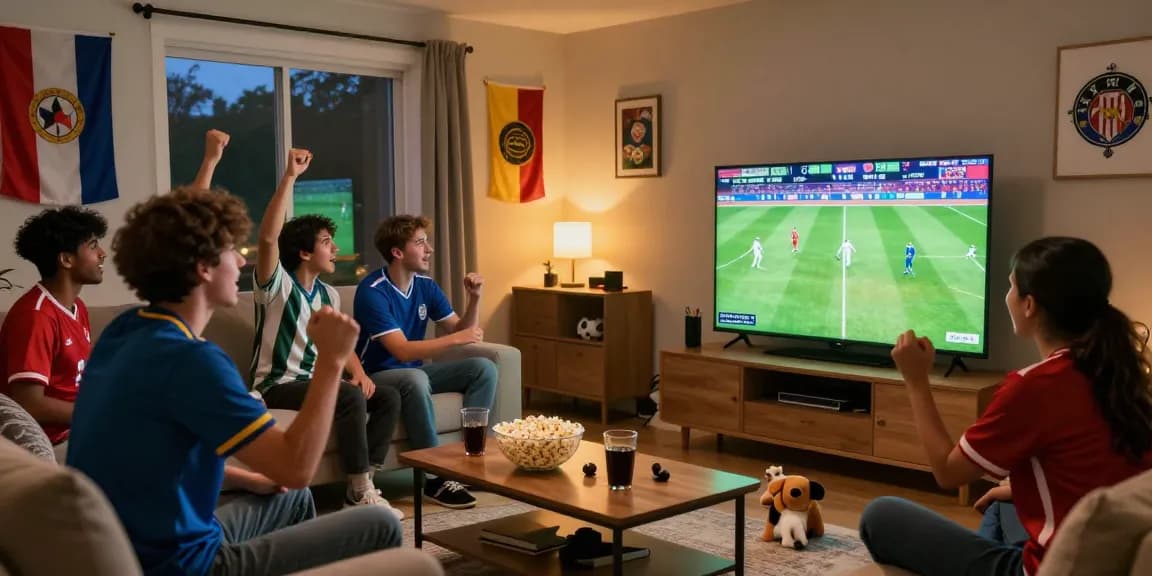 Watch exciting soccer matches with friends on multicanais streaming in a cozy living room.