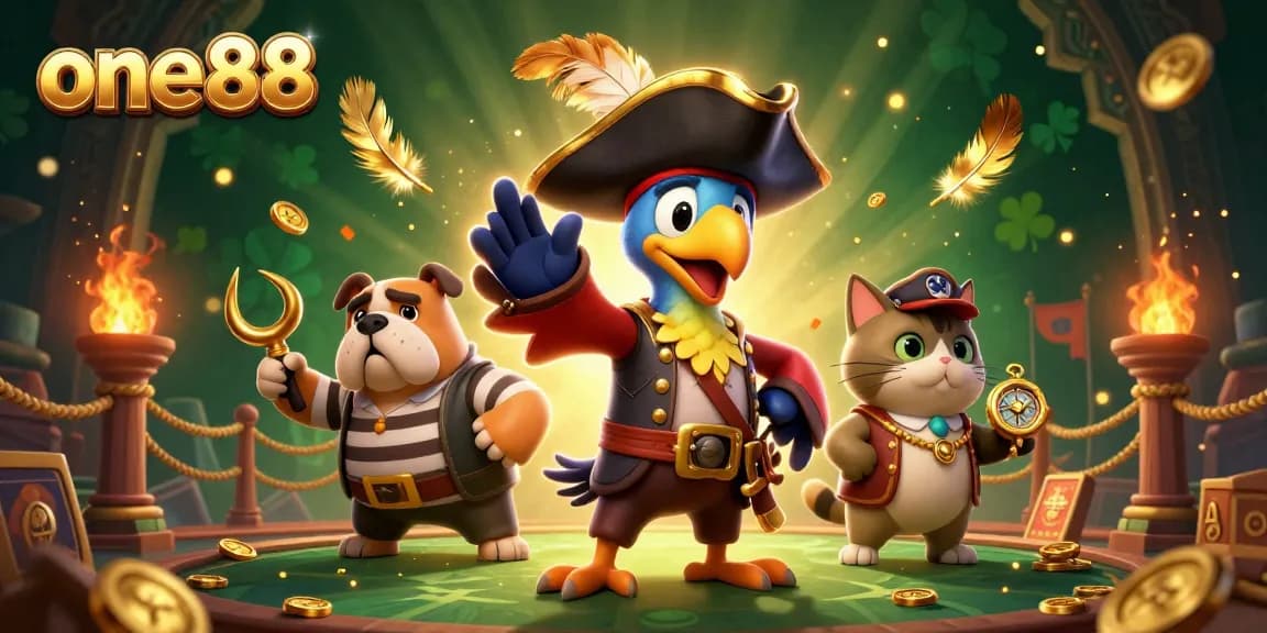 Experience thrilling casino adventures with one88's vibrant 3D illustration featuring unique characters.