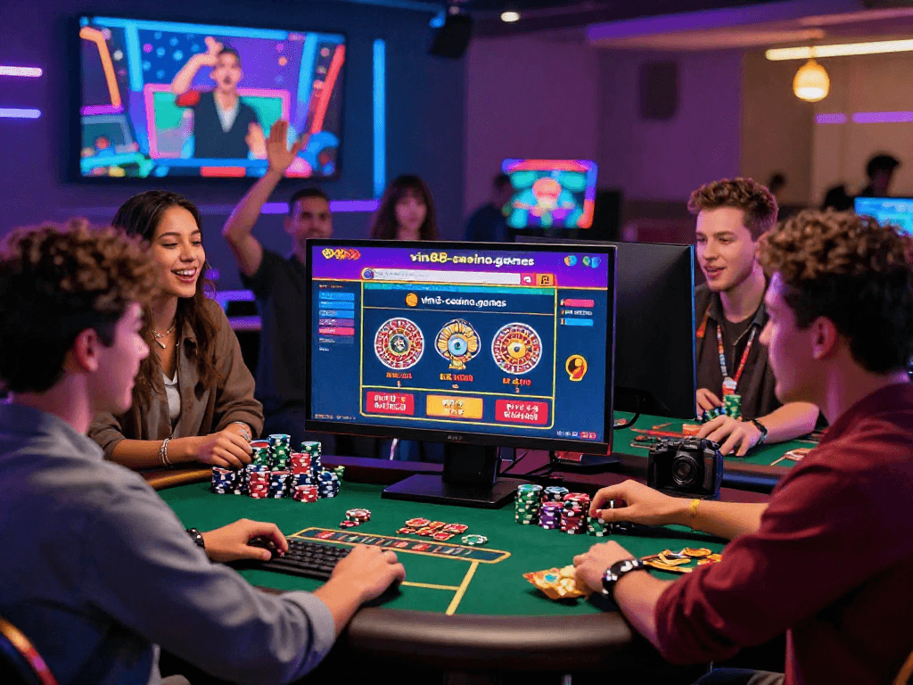 Group enjoying a thrilling game night at https://vin88-casino.games/, showcasing online casino excitement with friends and vibrant setup.