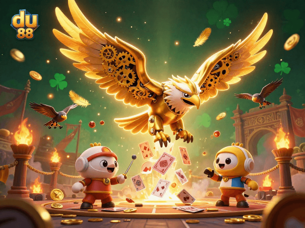 Engage in thrilling gameplay at du 88 with a golden eagle diving through holographic cards.