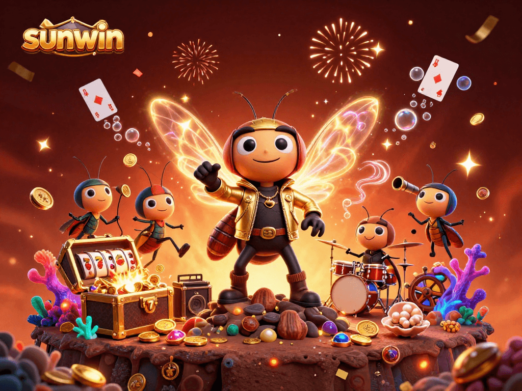 Engage with the vibrant scene of sunwin featuring a cicada rock star and casino elements bursting with excitement.