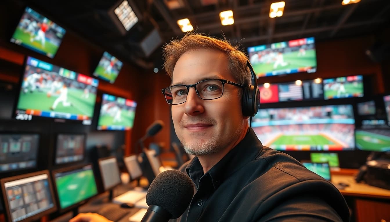 Broadcasting live sports with dynamic visuals in a professional studio setting.