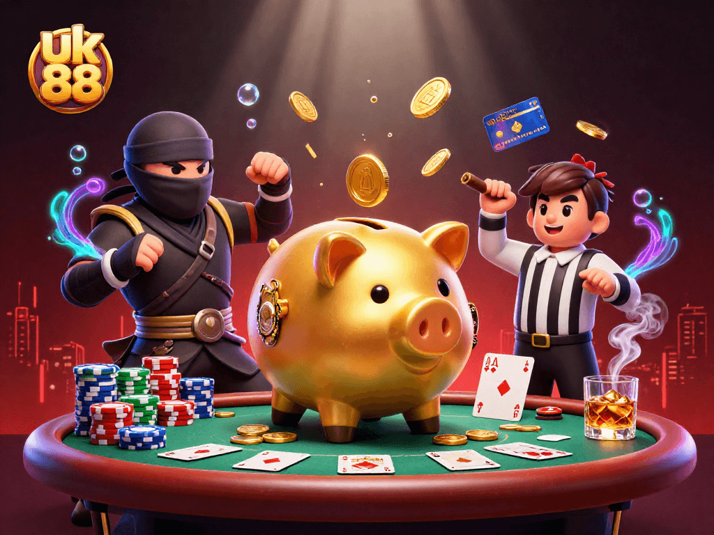 Engage in thrilling moments at uk 88 with a golden piggy bank sumo wrestler amidst poker excitement.