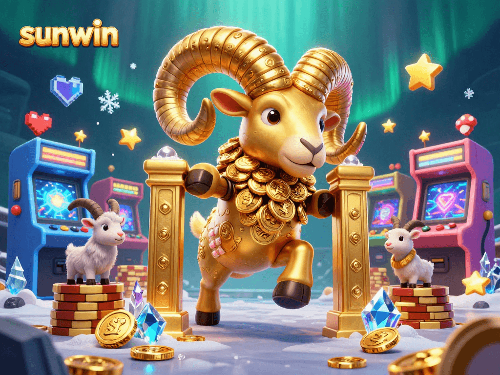 Engage with sunwin as a golden ram charges through arcade machines in a vibrant casino scene.