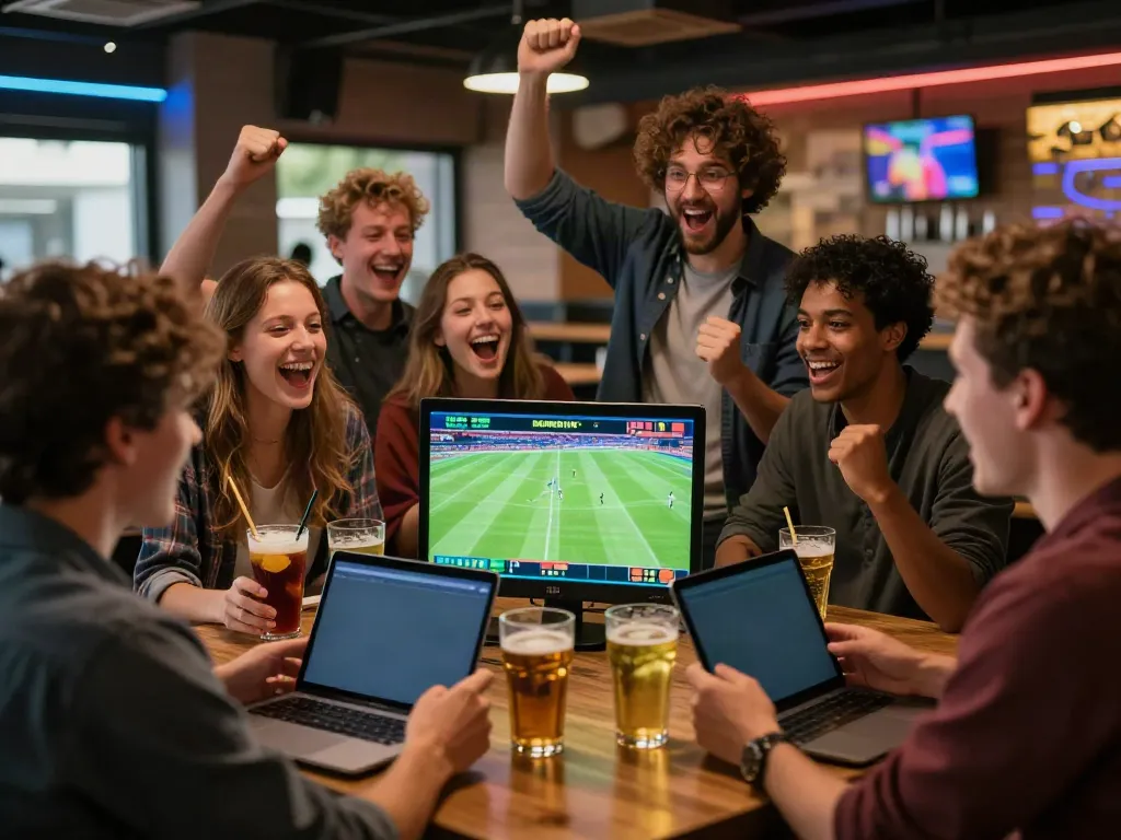 Exciting live betting at a sports bar, showcasing dynamic group interaction on https://fc88v1.com/.
