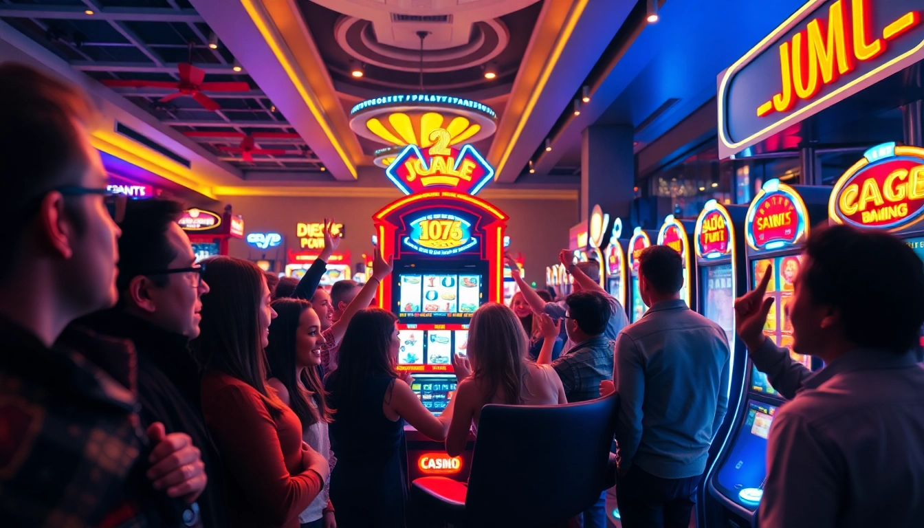 Menangkan slot gacor pada mesin slot yang bersinar dengan pemain bersemangat di kasino.