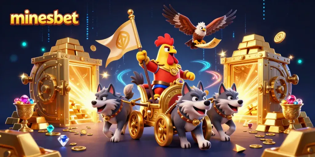 Unlock rewards with mines bet, featuring a 3D rooster warlord leading a gold treasure hunt.