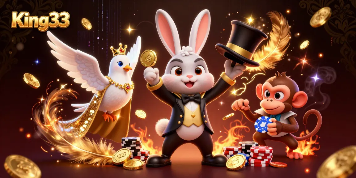King33 features a magician pulling gold coins, surrounded by casino elements and vibrant energy.