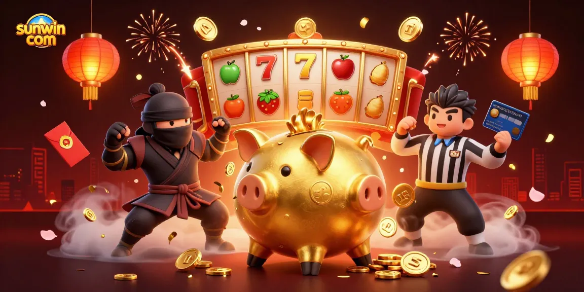 Experience the thrills of sunwin com with a vibrant 3D casino scene featuring a golden piggy bank wrestler and dynamic game elements.