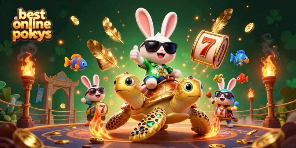 Experience the best online pokies with a vibrant scene featuring a lucky rabbit and golden sea turtle amidst dazzling casino elements.