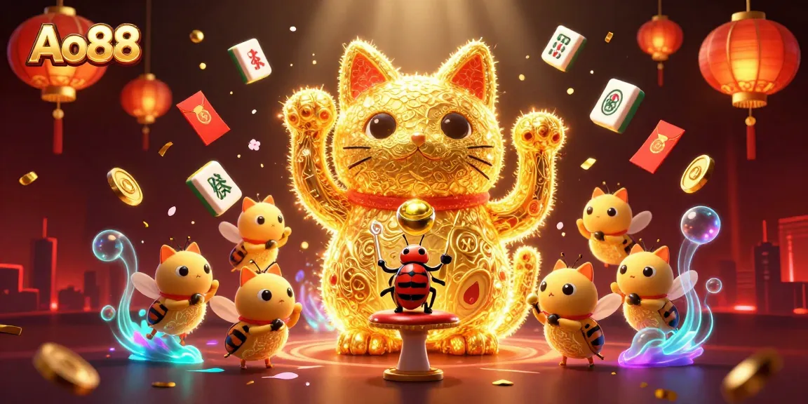 Experience winning moments at Ao88 with a stunning 3D illustration of playful lucky cat casino symbols.