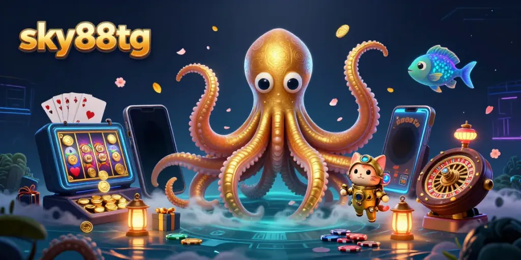 Experience exciting gameplay with sky88tg featuring a kraken, diving cat, and slot games in a vibrant 3D scene.