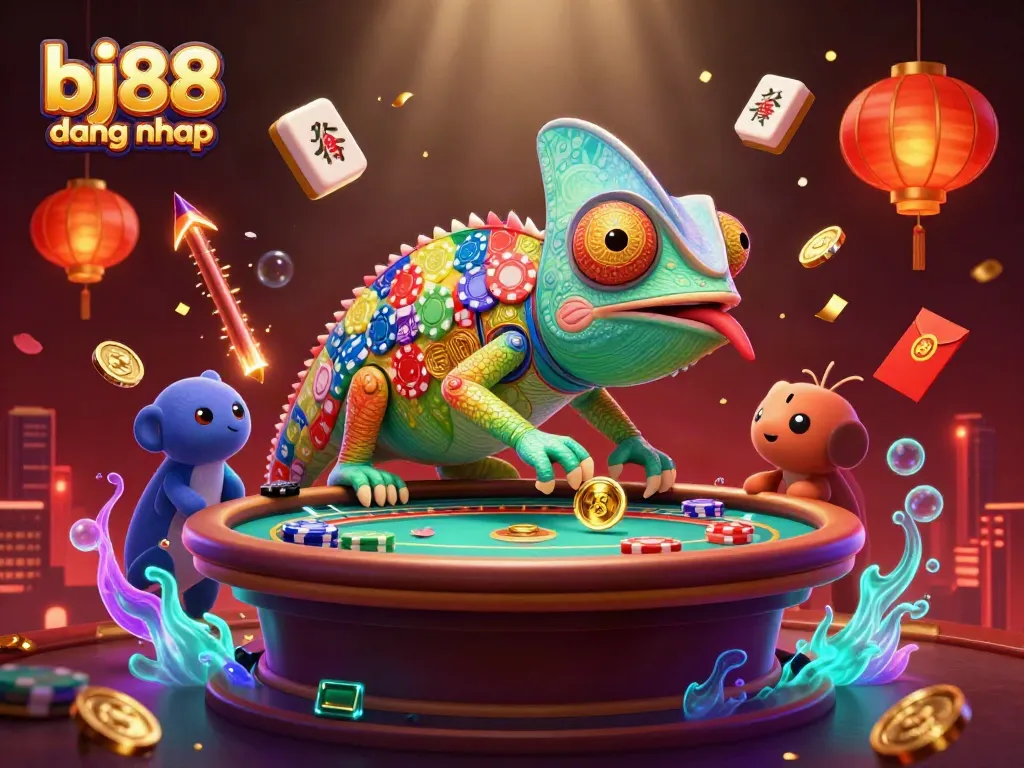 Experience the excitement of bj88 dang nhap with a vibrant 3D casino scene featuring a colorful chameleon owner.