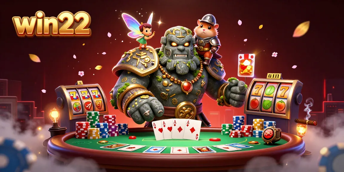Win222 scene featuring a golem guardian, fairy magic, and hamster knight at an immersive casino table.