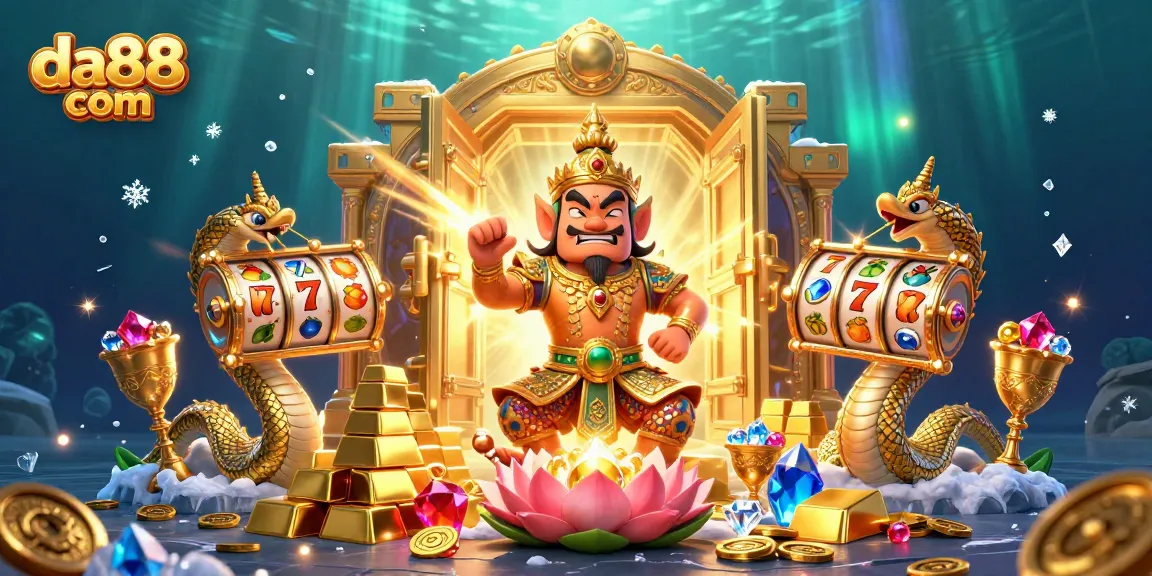 Join the excitement at da88 com featuring dynamic slot reels and treasures in a vibrant casino scene.