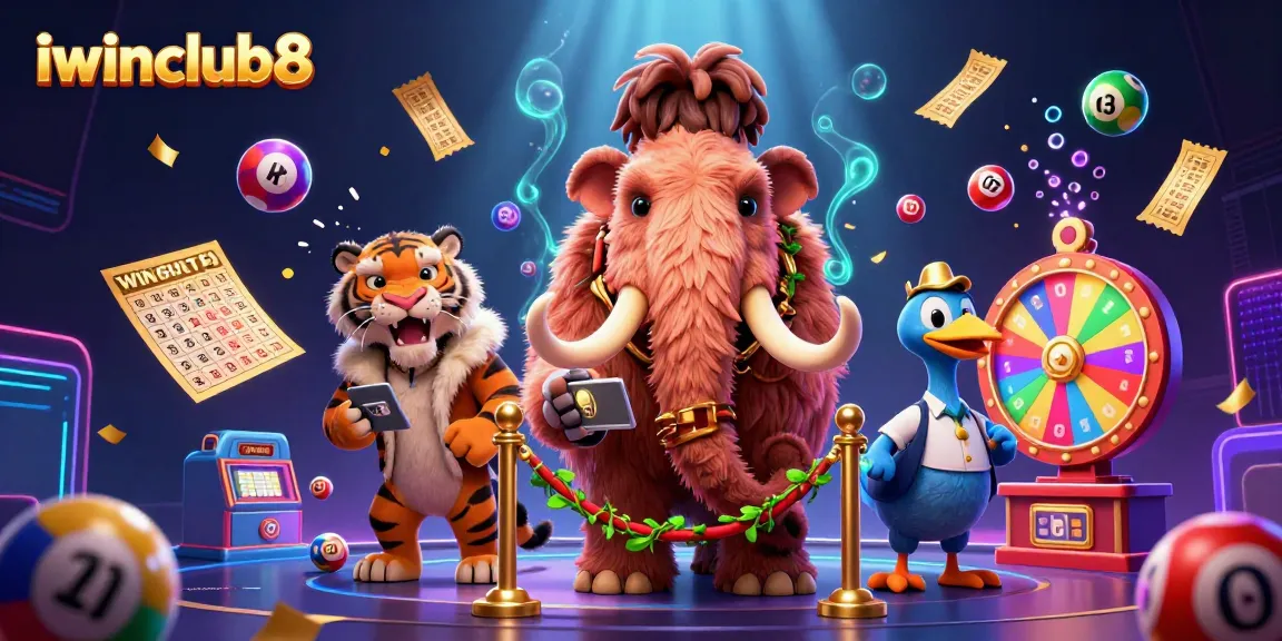 iwinclub8 showcases a vibrant casino scene with a woolly mammoth bouncer and exciting lottery elements.