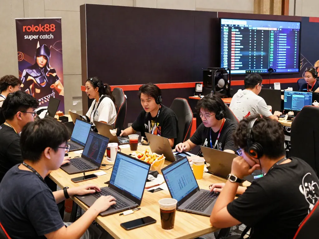 Participants enjoying games at a convention promoting rokok88 super in a vibrant atmosphere.