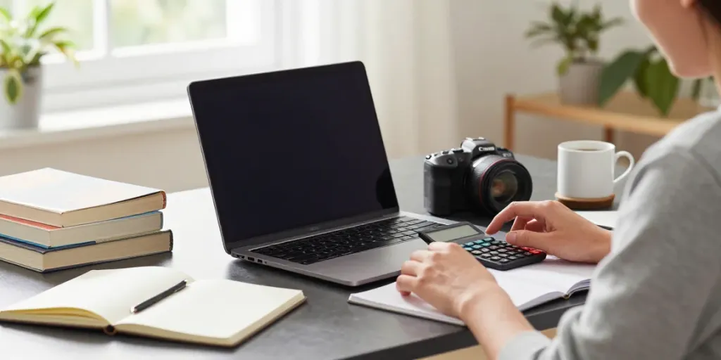 Estudante usando uma calculadora científica online em um ambiente de estudo organizado.