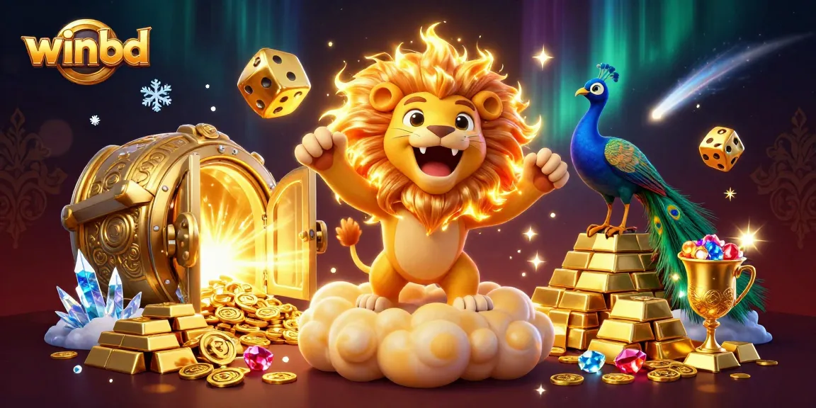 Winbd captures excitement with a 3D cartoon lion beside golden dice and jewels, highlighting gaming thrills.