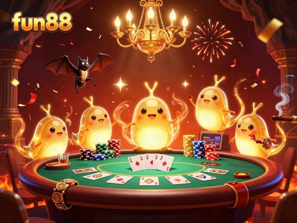 Experience the vibrant fun88 cave casino lit by glowworms, showcasing poker excitement and detail.