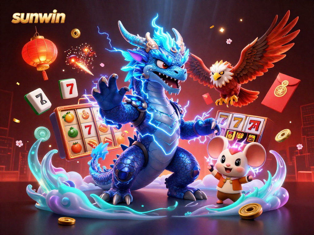 Experience excitement with sunwin's colorful 3D slot scene featuring dragons, hawks, and dynamic game elements.