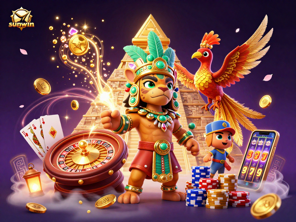 Experience the thrill of casino gaming with sunwin’s vibrant 3D scene featuring Mayan characters, winning elements, and rich visuals.