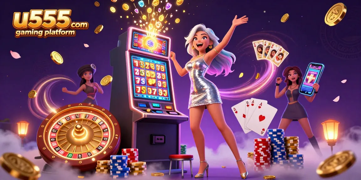 Win big on u555com gaming platform with vibrant slots and roulette action in this exciting illustration.