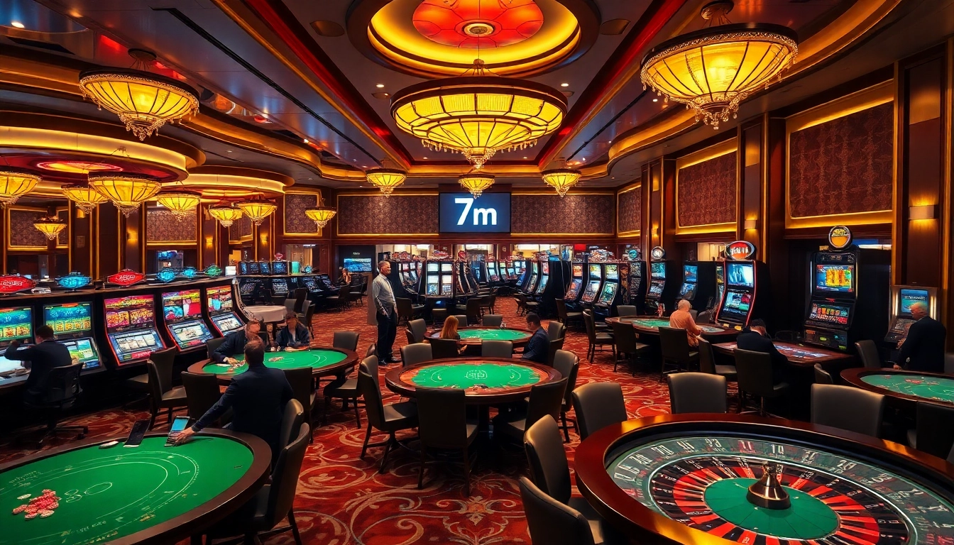 Experience the thrill of 7m casino gaming with vibrant tables and flashing slots.