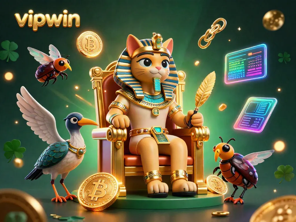 Experience excitement at vipwin with a dynamic 3D pharaoh cat and crypto elements in a vibrant casino illustration.