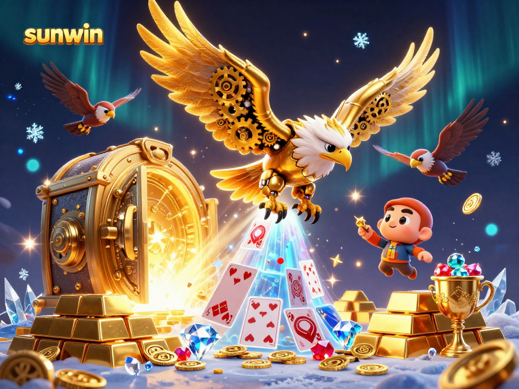 Experience thrilling gameplay at sunwin with a cybernetic eagle soaring amidst treasure and cards.