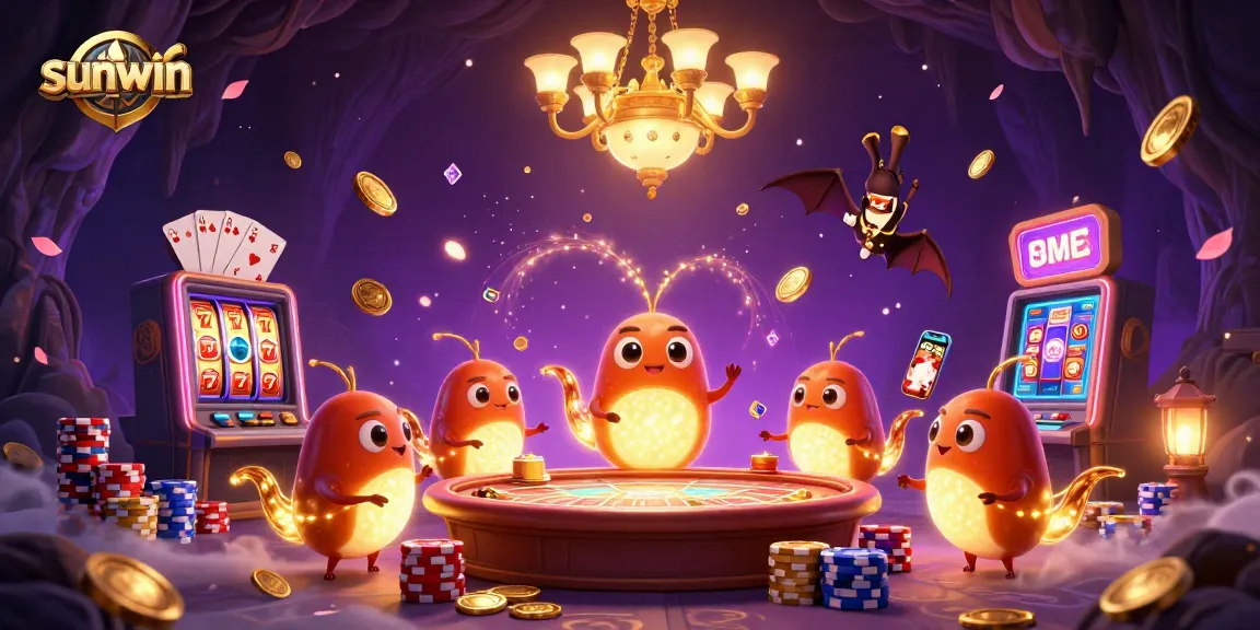 Experience sunwin's vibrant casino with glowing glowworms and excitement from slot machines.