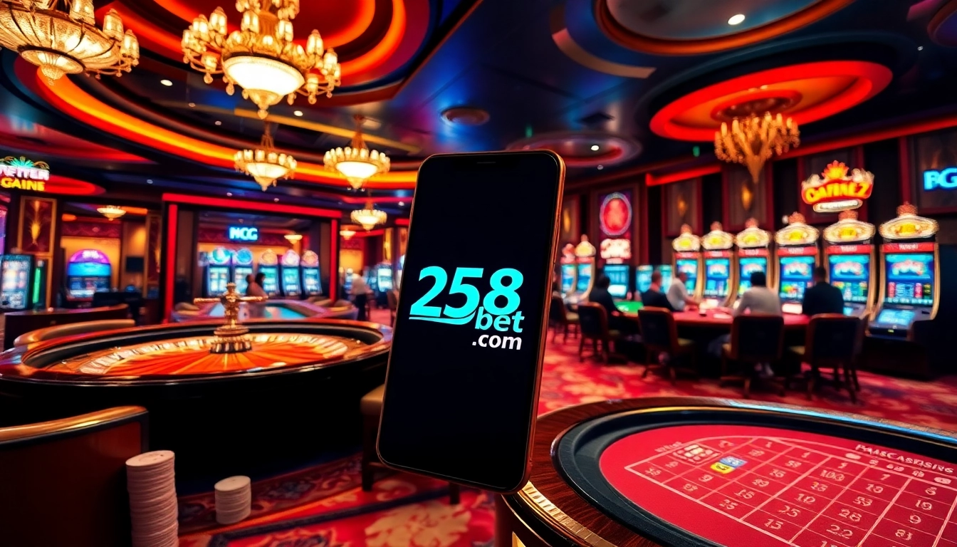 A vibrant casino scene showcasing online gambling activities with 258bet com prominently displayed, featuring poker tables, a roulette wheel, and slot machines.