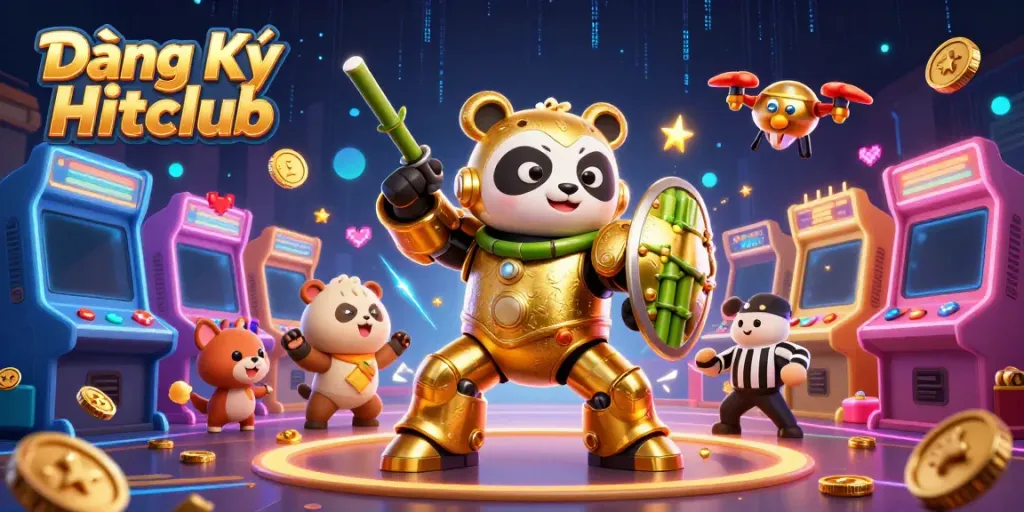Engage in gameplay excitement with Đăng Ký Hitclub, featuring a 3D robotic panda in an animated casino.