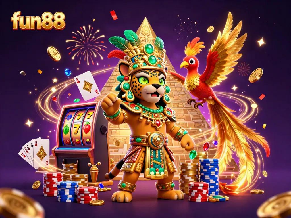 Experience the vibrant world of fun88 with a Mayan priest and golden treasures in a dazzling casino scene.