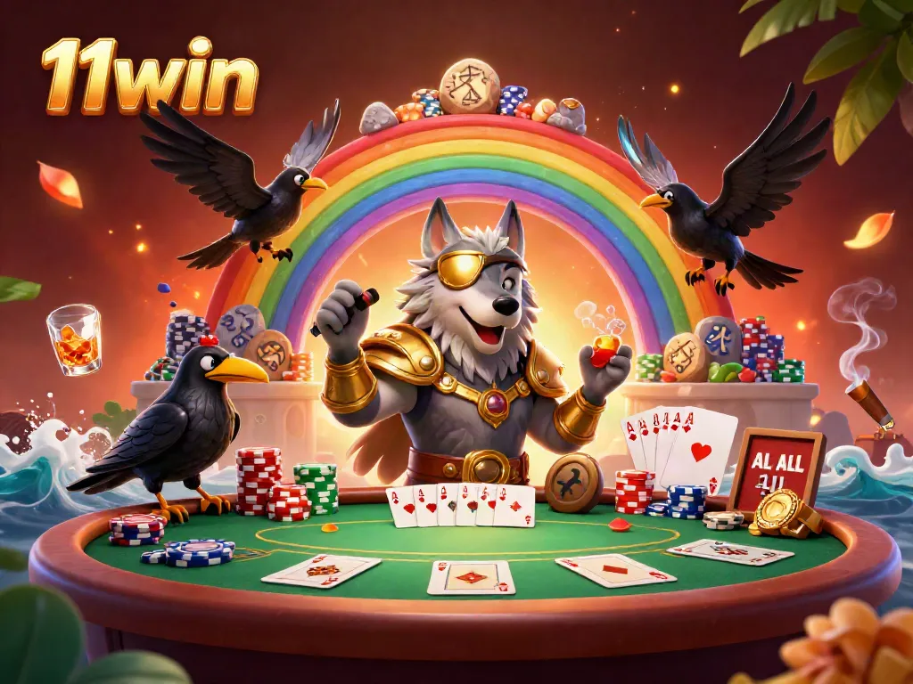 Experience 11win's vibrant casino world featuring mythical characters and poker action