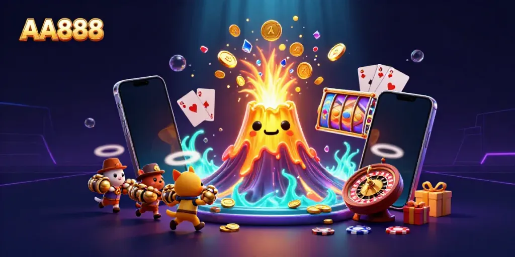 Experience AA888's dynamic casino excitement with a golden volcano erupting coins and joyful animals amidst rich gaming elements.