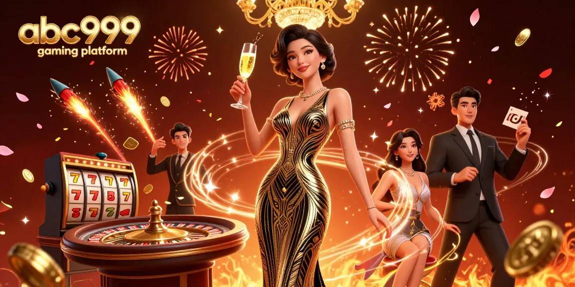 The abc999 gaming platform showcases a glamorous casino scene with a stylish Asian woman, roulette table, and festive elements.